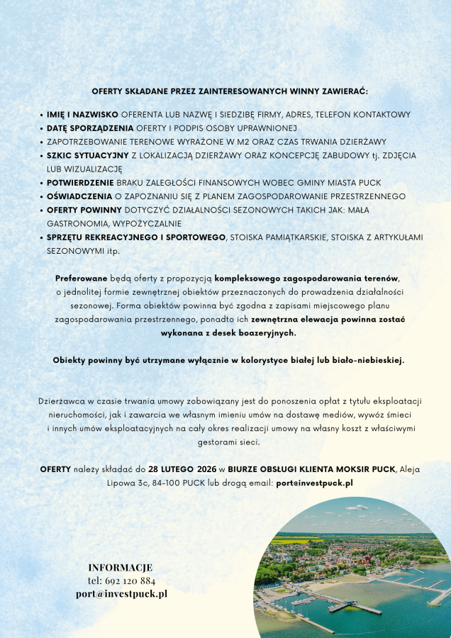 INVEST PUCK SP. Z O.O. ZAPRASZA DO SKŁADANIA OFERT NA ZAGOSPODAROWANIE TERENÓW PRZYPLAŻOWYCH