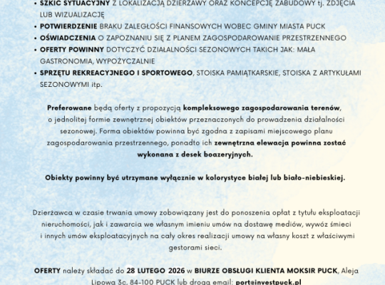 INVEST PUCK SP. Z O.O. ZAPRASZA DO SKŁADANIA OFERT NA ZAGOSPODAROWANIE TERENÓW PRZYPLAŻOWYCH